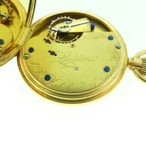 207 - An 18ct gold Pocket Watch, the white enamel dial signed J. B. Yabsley, London, with Roman Numerals a... 