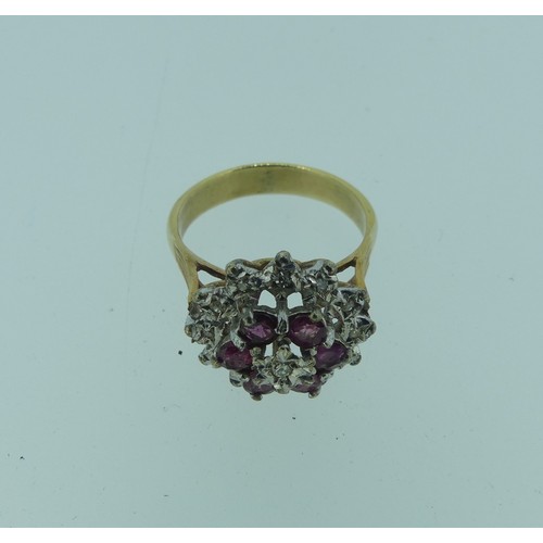 95 - A ruby and diamond cluster Dress Ring, all mounted in unmarked yellow and white gold, tested as 9ct,... 