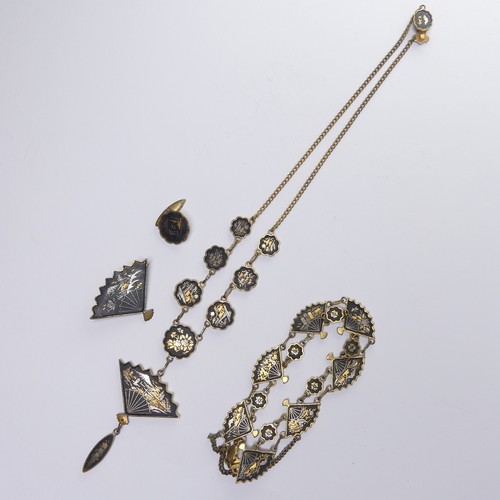 213 - A Japanese Shakudo Necklace, the panels decorated in traditional style with pagodas and foliage, 37c... 