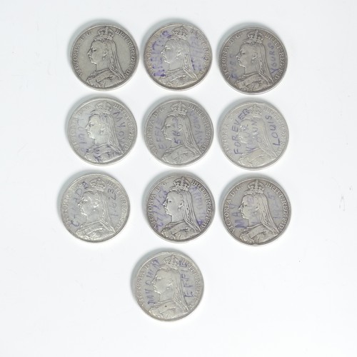 296 - Seven Victorian silver Crowns, dated 1889, together with three dated 1888 (10)