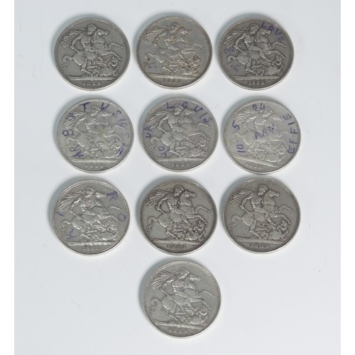 296 - Seven Victorian silver Crowns, dated 1889, together with three dated 1888 (10)