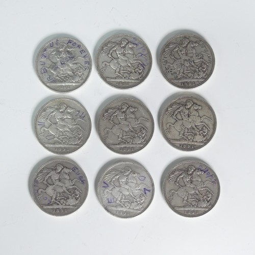 297 - Nine Victorian silver Crowns, dated 1891 (9)