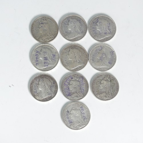 302 - Six Victorian silver Crowns, dated 1896, together with three 1889 and one 1887 (10)