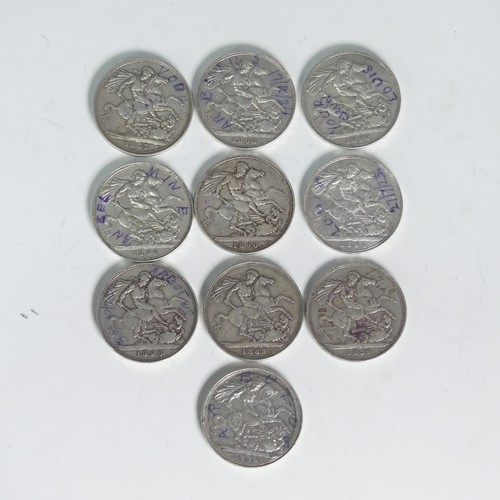 302 - Six Victorian silver Crowns, dated 1896, together with three 1889 and one 1887 (10)