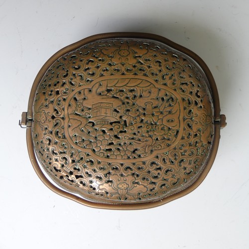 216 - A Chinese copper Hand Warmer, the body of lobed oval form with six panels of decoration depicting bu... 