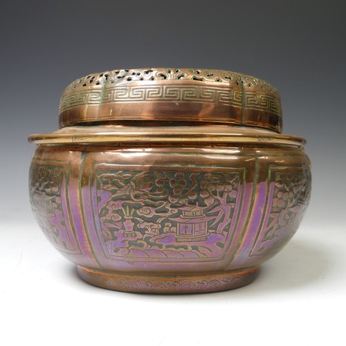 216 - A Chinese copper Hand Warmer, the body of lobed oval form with six panels of decoration depicting bu... 