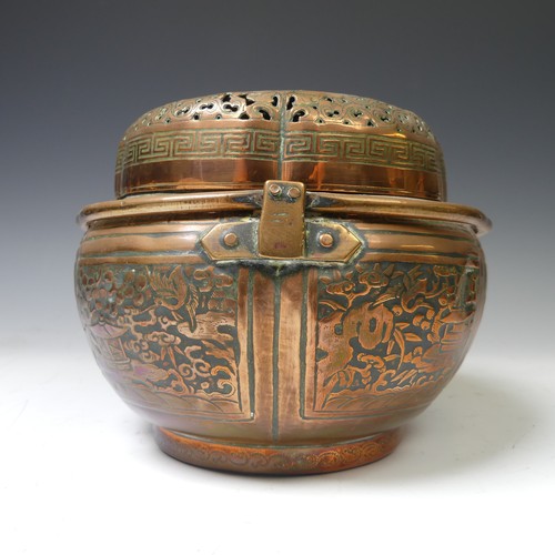 216 - A Chinese copper Hand Warmer, the body of lobed oval form with six panels of decoration depicting bu... 