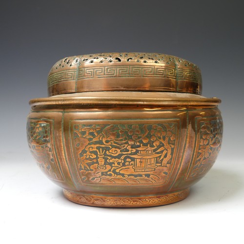 216 - A Chinese copper Hand Warmer, the body of lobed oval form with six panels of decoration depicting bu... 