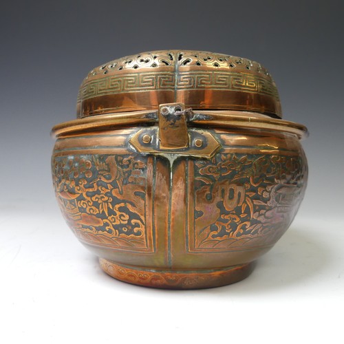 216 - A Chinese copper Hand Warmer, the body of lobed oval form with six panels of decoration depicting bu... 