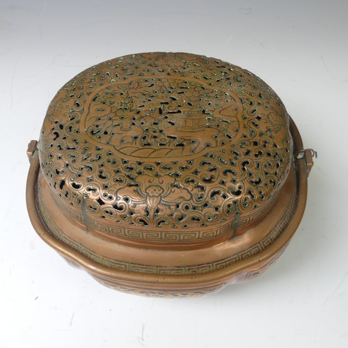 216 - A Chinese copper Hand Warmer, the body of lobed oval form with six panels of decoration depicting bu... 