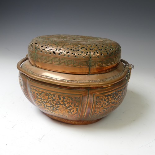 216 - A Chinese copper Hand Warmer, the body of lobed oval form with six panels of decoration depicting bu... 