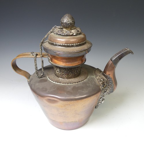 221 - A pair of 19thC Tibetan silver mounted copper ceremonial Teapots, of typical form, the removable dom... 