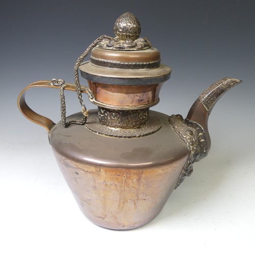 221 - A pair of 19thC Tibetan silver mounted copper ceremonial Teapots, of typical form, the removable dom... 