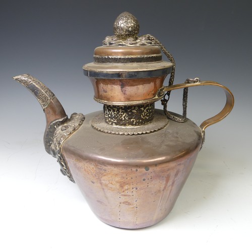 221 - A pair of 19thC Tibetan silver mounted copper ceremonial Teapots, of typical form, the removable dom... 