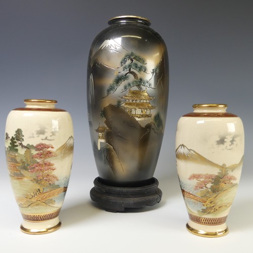 234 - A pair of antique Japanese satsuma Vases, with painted scenes of a mountainous landscape, red and gi... 