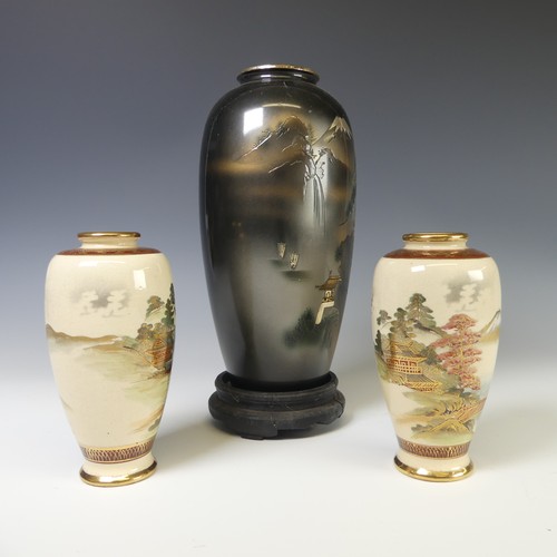 234 - A pair of antique Japanese satsuma Vases, with painted scenes of a mountainous landscape, red and gi... 