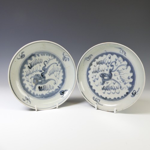 242 - A pair of Nanking cargo porcelain Plates, decorated in blue and white depictions of creatures, with ... 