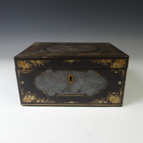 244 - A 19thC Chinese export black lacquered Tea Caddy, with gilt dragon and foliate decoration, the four ... 