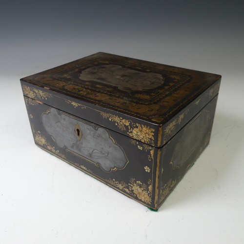 244 - A 19thC Chinese export black lacquered Tea Caddy, with gilt dragon and foliate decoration, the four ... 