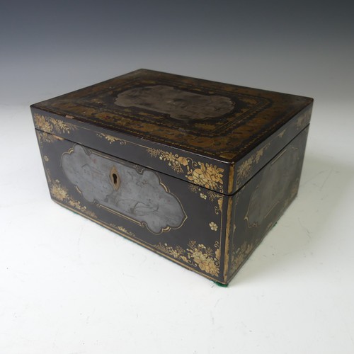 244 - A 19thC Chinese export black lacquered Tea Caddy, with gilt dragon and foliate decoration, the four ... 