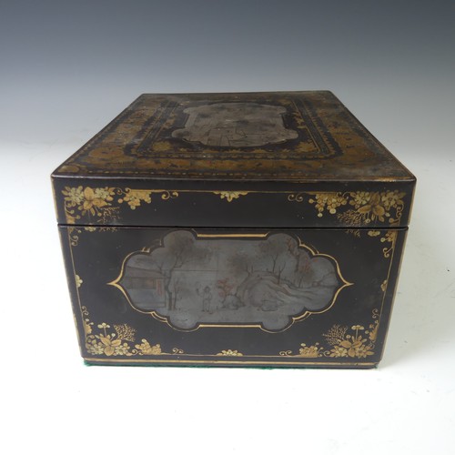 244 - A 19thC Chinese export black lacquered Tea Caddy, with gilt dragon and foliate decoration, the four ... 