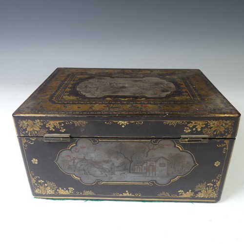 244 - A 19thC Chinese export black lacquered Tea Caddy, with gilt dragon and foliate decoration, the four ... 