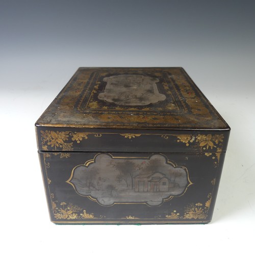 244 - A 19thC Chinese export black lacquered Tea Caddy, with gilt dragon and foliate decoration, the four ... 