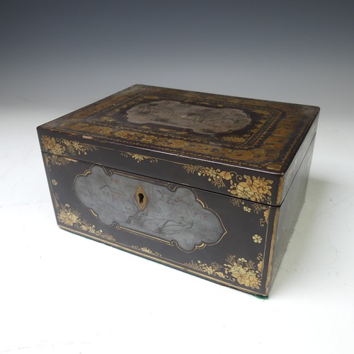 244 - A 19thC Chinese export black lacquered Tea Caddy, with gilt dragon and foliate decoration, the four ... 