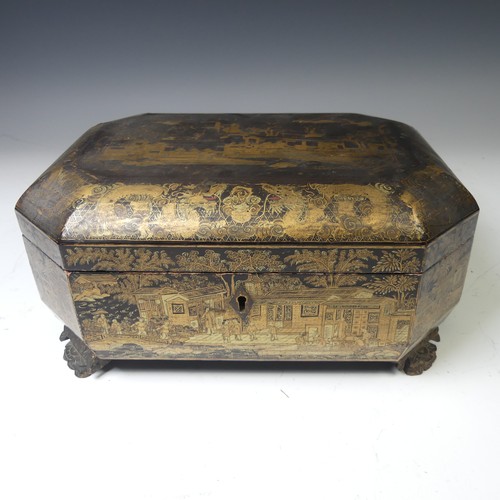 244 - A 19thC Chinese export black lacquered Tea Caddy, with gilt dragon and foliate decoration, the four ... 