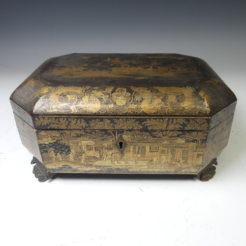 244 - A 19thC Chinese export black lacquered Tea Caddy, with gilt dragon and foliate decoration, the four ... 