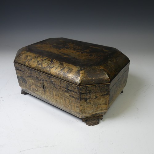 244 - A 19thC Chinese export black lacquered Tea Caddy, with gilt dragon and foliate decoration, the four ... 