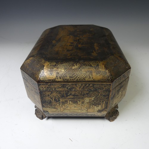 244 - A 19thC Chinese export black lacquered Tea Caddy, with gilt dragon and foliate decoration, the four ... 