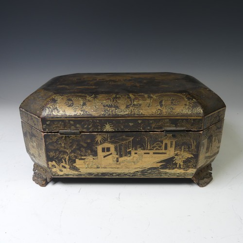 244 - A 19thC Chinese export black lacquered Tea Caddy, with gilt dragon and foliate decoration, the four ... 