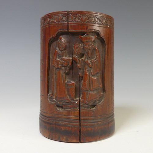 249 - A 20thC Chinese bamboo carved Brush Pot, of cylindrical form, depicting figures in village landscape... 