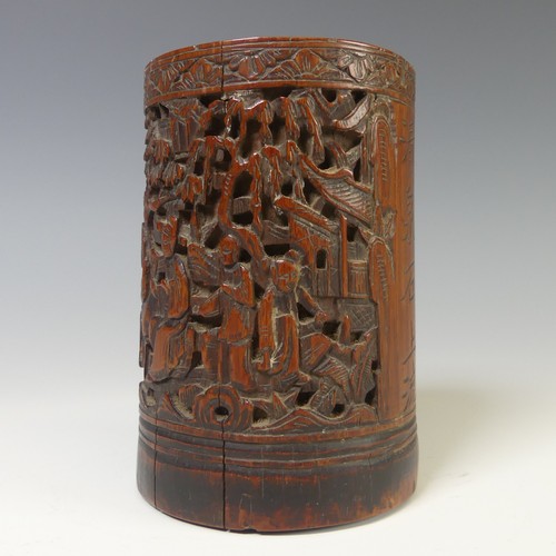 249 - A 20thC Chinese bamboo carved Brush Pot, of cylindrical form, depicting figures in village landscape... 