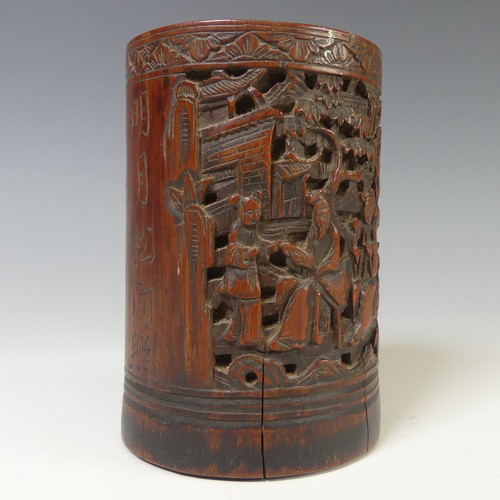 249 - A 20thC Chinese bamboo carved Brush Pot, of cylindrical form, depicting figures in village landscape... 