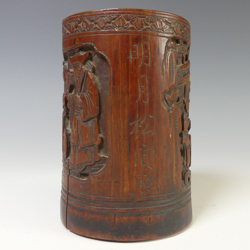 249 - A 20thC Chinese bamboo carved Brush Pot, of cylindrical form, depicting figures in village landscape... 