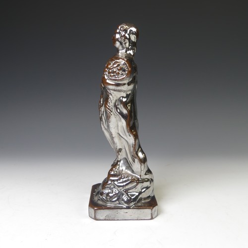 43 - An early 19thC Staffordshire silver lustre Figure, depicted holding a cornucopia, raised on square c... 