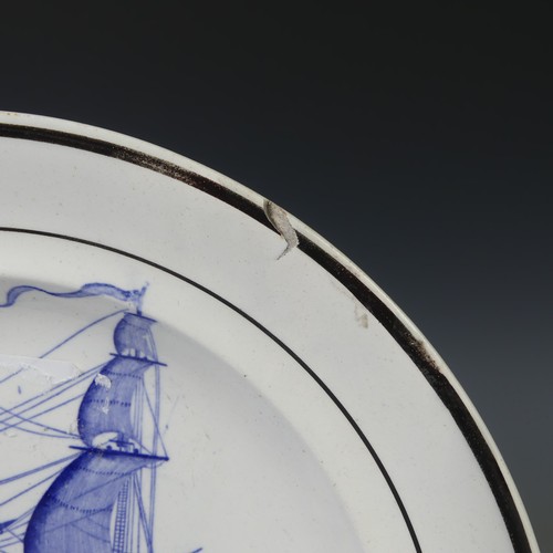 50 - A Swansea Dillwyn pearlware Plate, printed in blue with depiction of a frigate, with stamp verso, D ... 