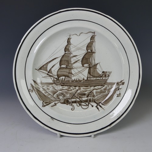 50 - A Swansea Dillwyn pearlware Plate, printed in blue with depiction of a frigate, with stamp verso, D ... 