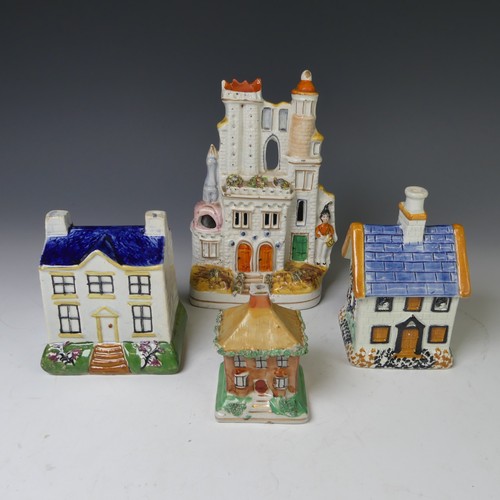 63 - A 19thC prattware Money Box, modelled as a house, together with three other Staffordshire models of ... 