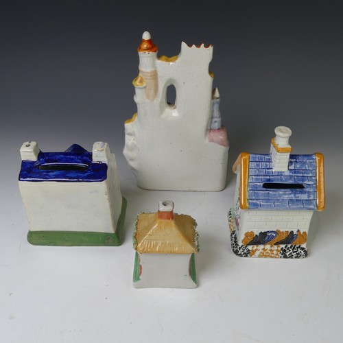 63 - A 19thC prattware Money Box, modelled as a house, together with three other Staffordshire models of ... 