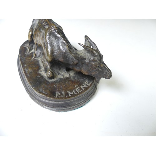 269 - A small Bronze figure of goat signed P.J.MENE, W 12.5 cm x H 6 cm.