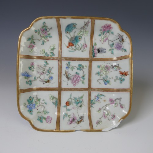 252 - A 19thC Chinese porcelain famille rose footed Dish, of square form, decorated with crossed gilt band... 