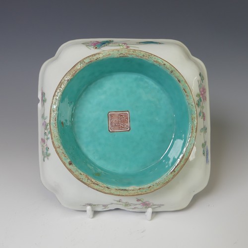 252 - A 19thC Chinese porcelain famille rose footed Dish, of square form, decorated with crossed gilt band... 