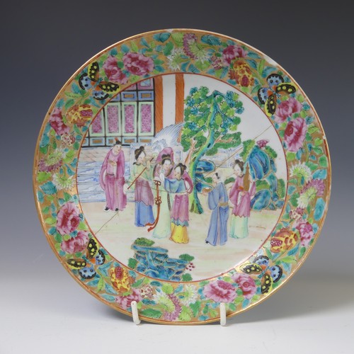 252 - A 19thC Chinese porcelain famille rose footed Dish, of square form, decorated with crossed gilt band... 