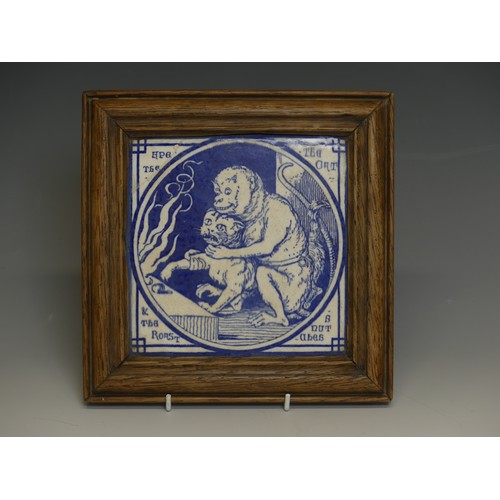 140 - A Mintons pottery Aesop's Fable Tile, depicting 'The Ape, The Cat and the Roast Chestnuts' in blue a... 