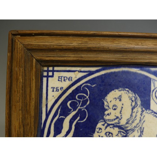 140 - A Mintons pottery Aesop's Fable Tile, depicting 'The Ape, The Cat and the Roast Chestnuts' in blue a... 