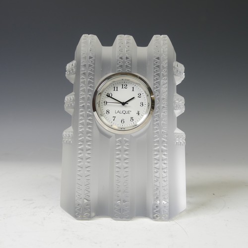 169 - A modern Lalique frosted glass cased Clock, with etched signature to side, boxed, H 11.5cm.... 