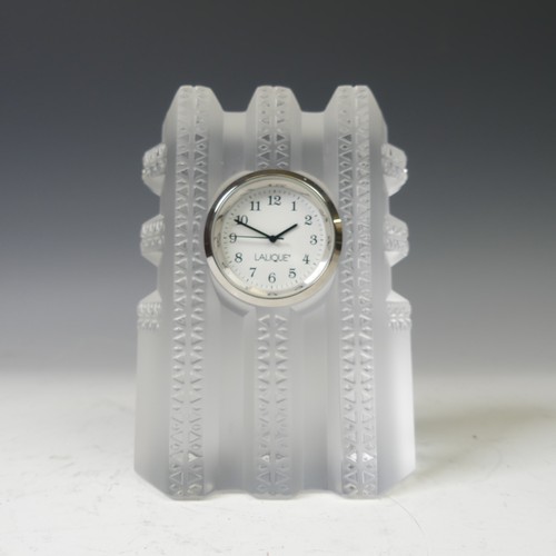 169 - A modern Lalique frosted glass cased Clock, with etched signature to side, boxed, H 11.5cm.... 